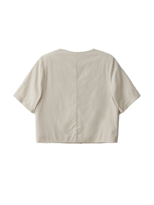Collarless Linen Crop Jacket - Beige