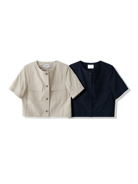 Collarless Linen Crop Jacket - Beige
