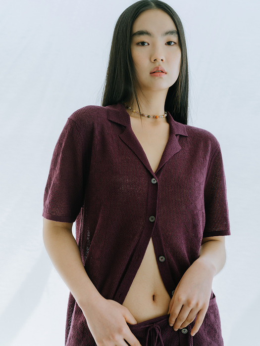 LINEN BLENDED CROCHET SHIRT_WINE