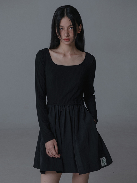 SQUARE NECK SLIM SHIRRING ONEPIECE_BLACK