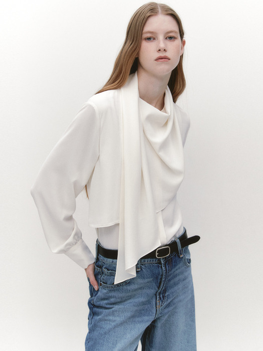 Draped Scarf Blouse OFF WHITE