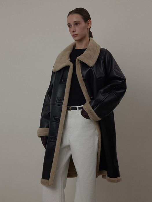 [단독]High Neck Leather Shearling Long Coat