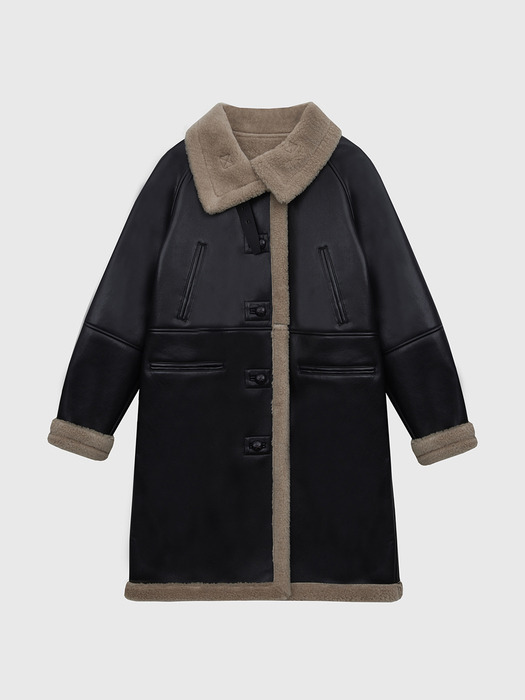 [단독]High Neck Leather Shearling Long Coat