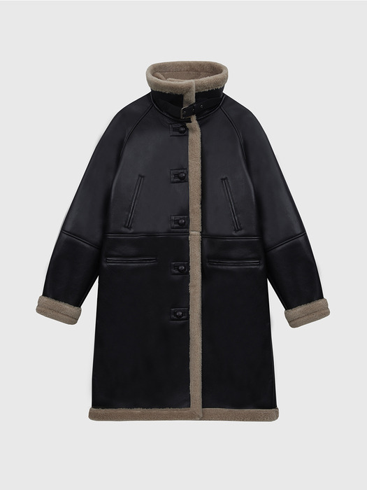 [단독]High Neck Leather Shearling Long Coat