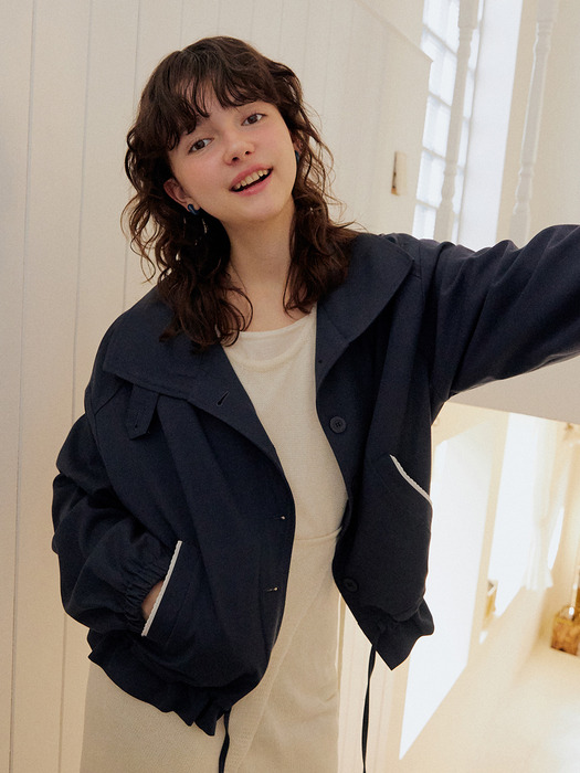 Lace back label ribbon string blouson - navy