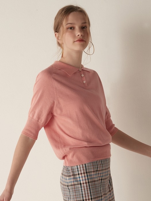 Short sleeve collar knit top - Pink