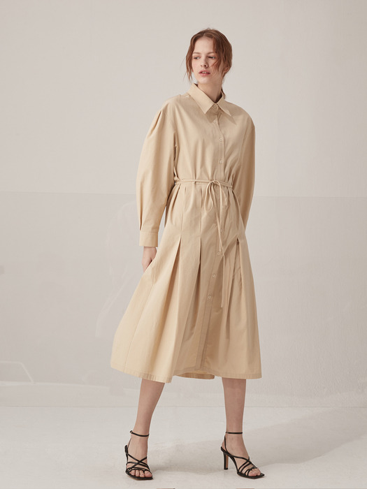 Volume sleeve cotton shirts dress - Beige