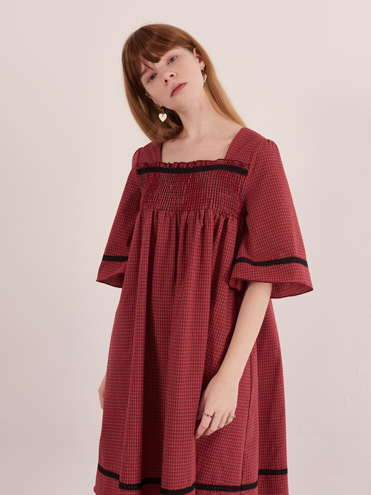 Square Neck Smocking Checked One-piece