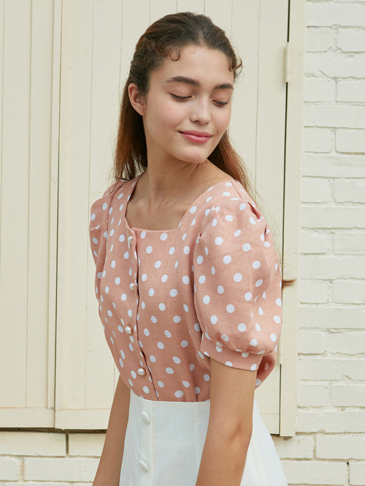 AMR1073 square neck dot blouse (pink)