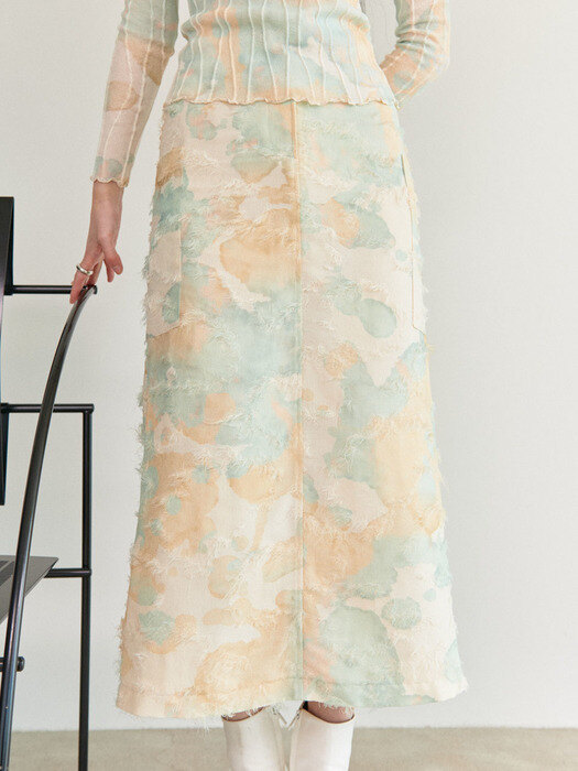 Stain-graphed long fur skirt - Beige Green