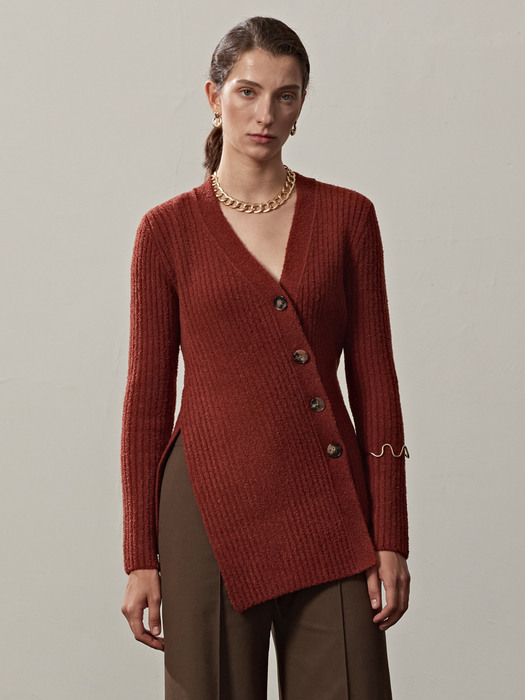 RIBBED-KNIT BUTTONED V-NECK CARDIGAN(BRICK)