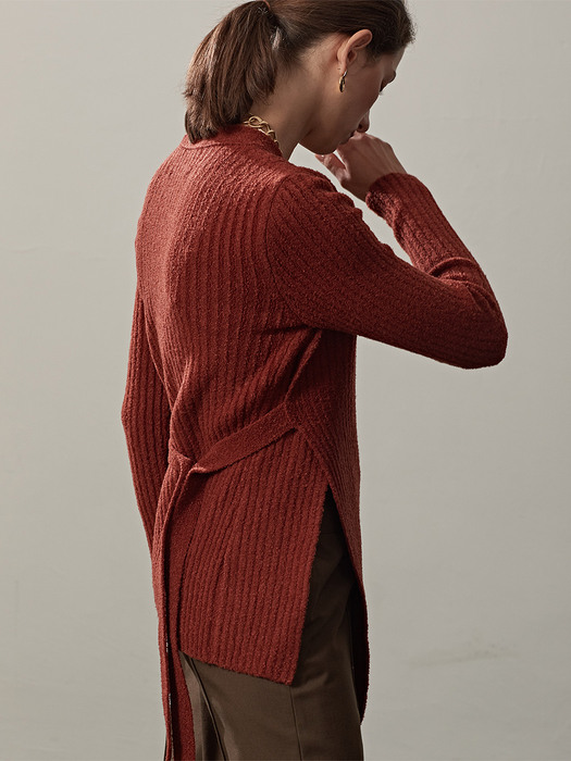 RIBBED-KNIT BUTTONED V-NECK CARDIGAN(BRICK)