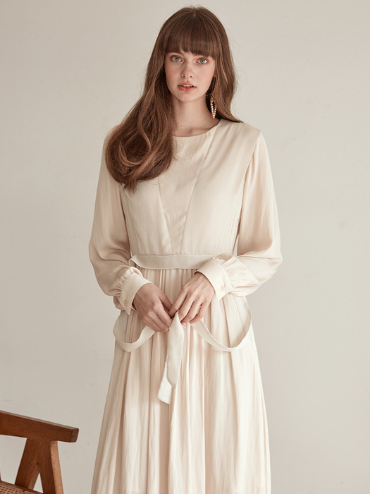 Layer Shirring Satin Dress, Beige