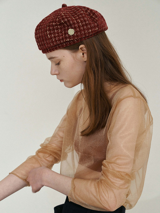 DOME BERET_tweed red&gold