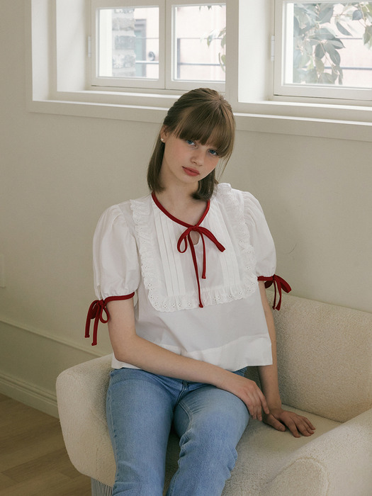RED RIBBON LACE BLOUSE - IVORY