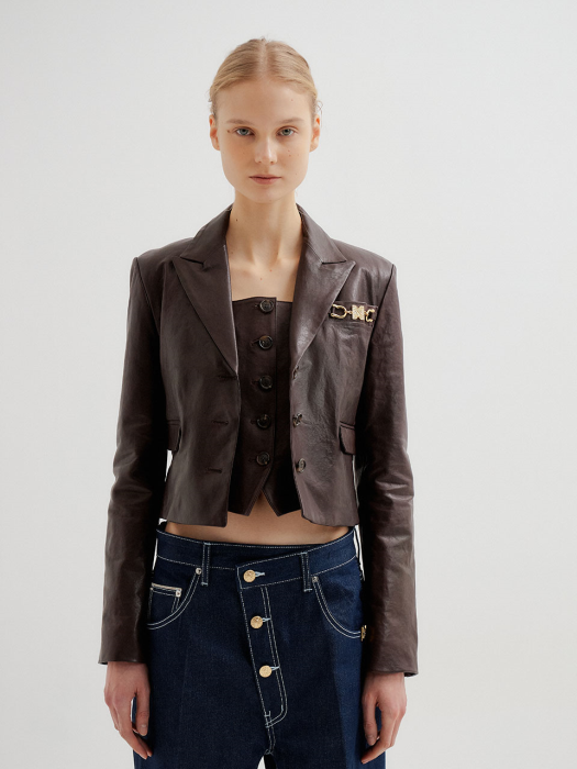TON Short Leather Jacket with golden trim on chest - Brown