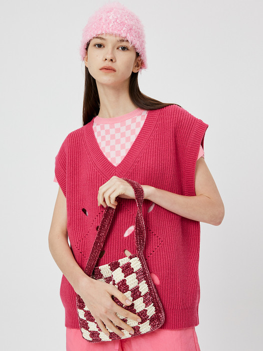 Handmade Velvet Checkerboard Book Bag / Dark Pink