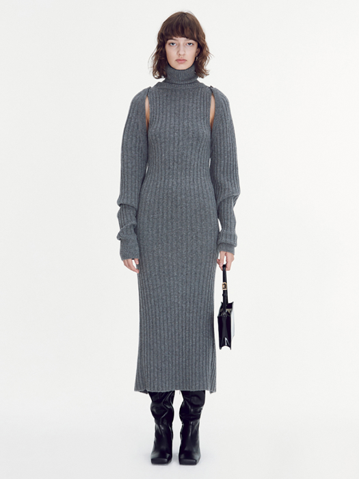 ROLL-NECK RIBBED WOOL-BLEND LONG DRESS (DARK GREY)