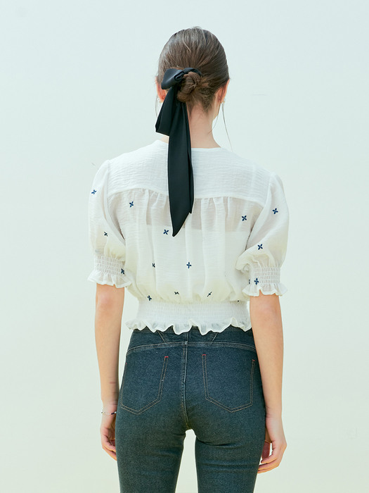 See-through embroidery vloume  blouse