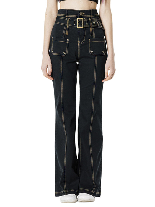 STITCH POINT BELTED BOOTS CUT PANTS [BLACK]