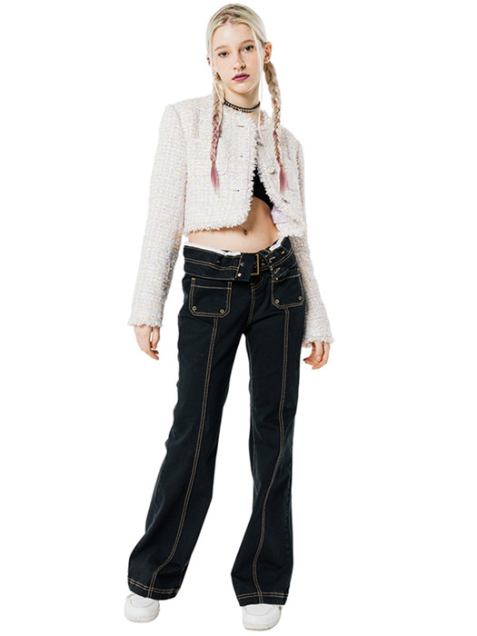 STITCH POINT BELTED BOOTS CUT PANTS [BLACK]