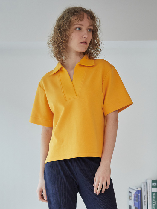 코지 오픈 카라 반팔 스웻 셔츠 옐로우