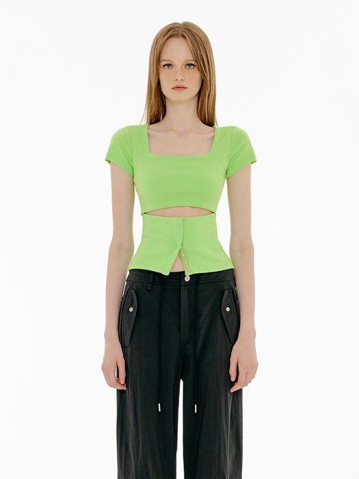 SQUARE NECK CUT OUT SNAP TOP - LIGHT GREEN
