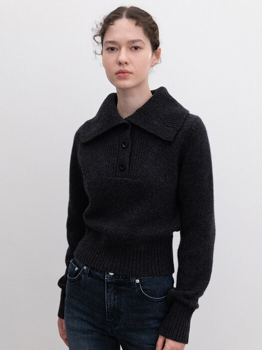 open collar button knit (charcoal)