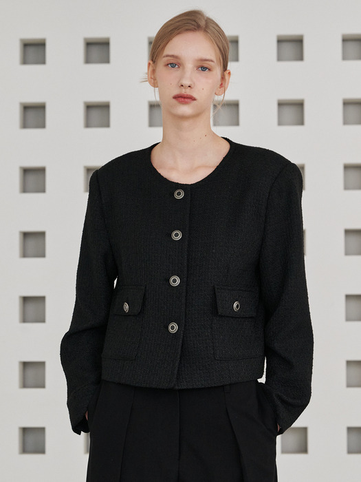 [단독기획] Tweed Round Crop Jacket - Black