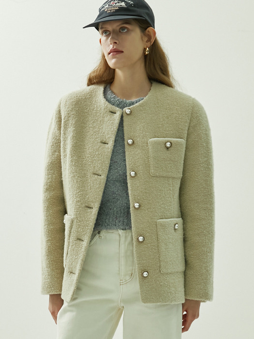 TWEED ROUND NECK JACKET - BEIGE