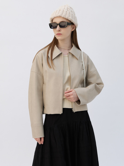 23 Spring_ Beige Fake Leather Zip-up Outer