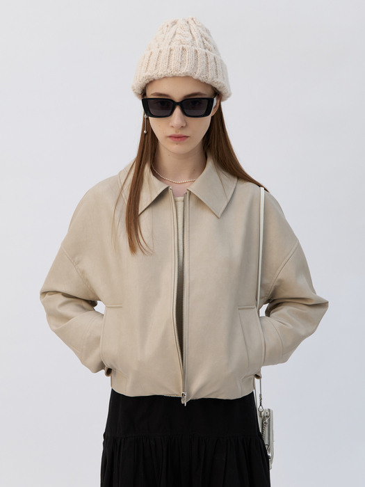 23 Spring_ Beige Fake Leather Zip-up Outer