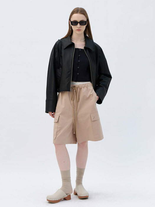 23 Spring_ Beige Fake Leather Zip-up Outer