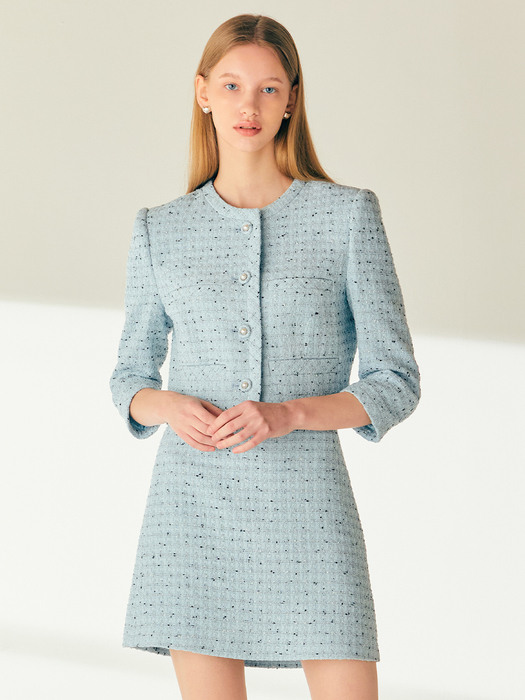 [SET]BRIELLE Cropped tweed jacket + CHAVI Semi A-line tweed mini skirt (Minty blue)