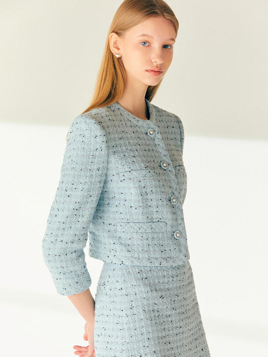 [SET]BRIELLE Cropped tweed jacket + CHAVI Semi A-line tweed mini skirt (Minty blue)