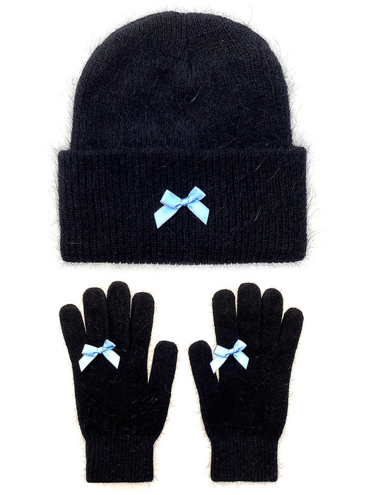 Ribbon Angora Beanie &Gloves [Blue Ribbon]