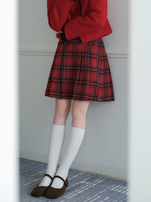 Cest_College plaid pleated skirt_RED