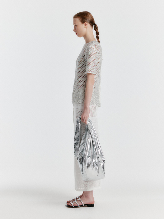 YIZNY Panelled Lace Knit Long Skirt - White
