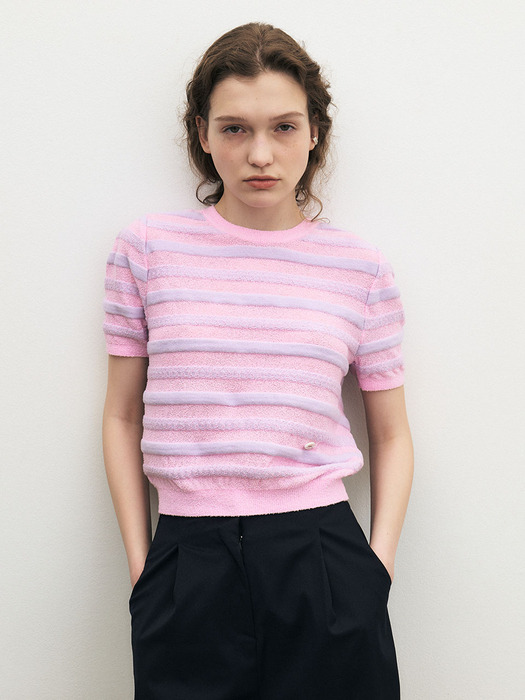Bouble stripe half sleeve crop knit - Pink
