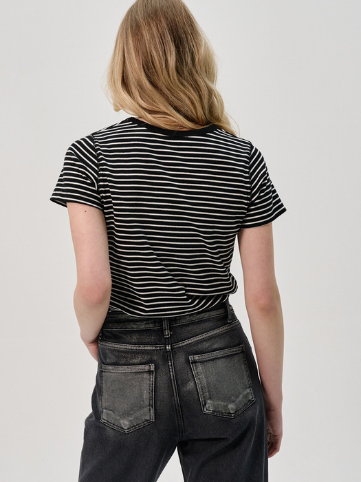 Stripe Ribbed Half-Sleeve T-Shirt_Black