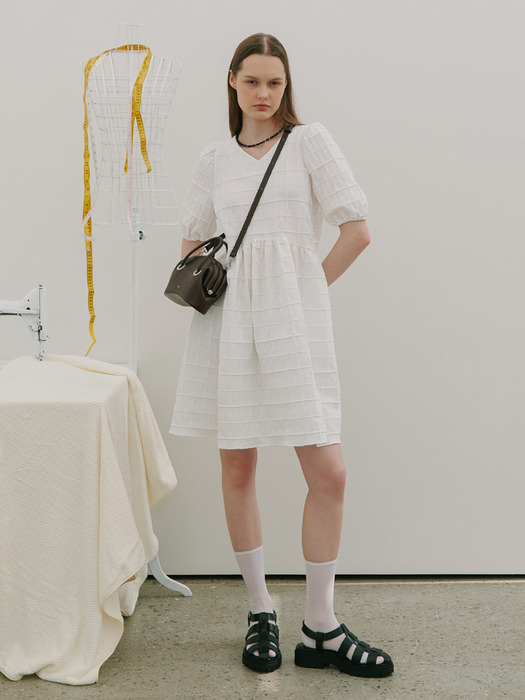 Jacquard Puff short-sleeve Midi Dress White