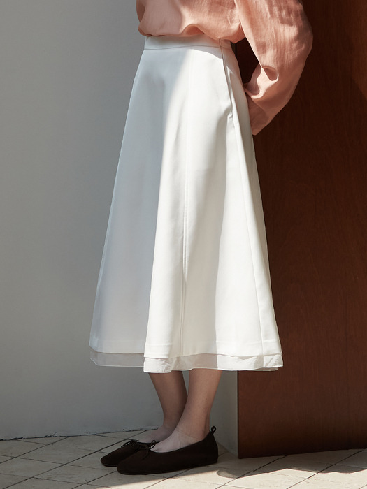 Sheer patch satin flare skirt - Off white