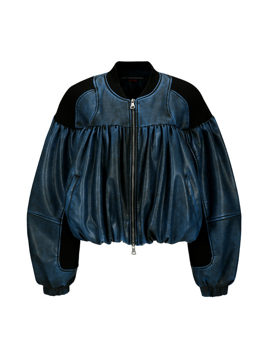 SHIRRING FAUX LEATHER BOMBER JACKET awa664w(BLUE)