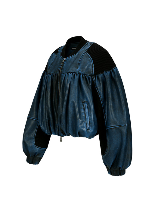 SHIRRING FAUX LEATHER BOMBER JACKET awa664w(BLUE)