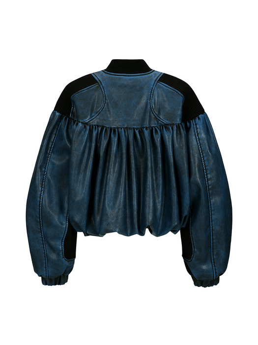 SHIRRING FAUX LEATHER BOMBER JACKET awa664w(BLUE)