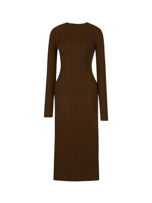 MOCK-NECK RIBBED KNIT DRESS (BROWN)