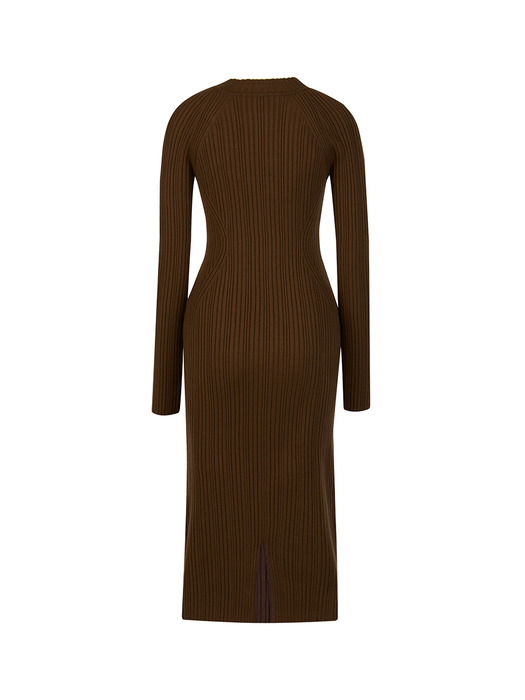 MOCK-NECK RIBBED KNIT DRESS (BROWN)