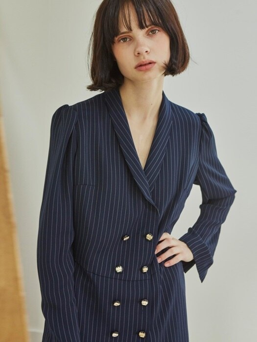 Pin Stripe Double Button Dress_Navy