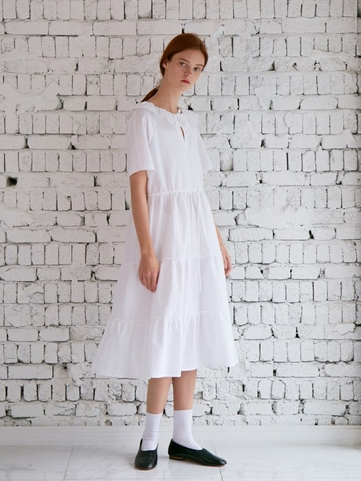 CALIN TIERED DRESS WHITE JACQUARD