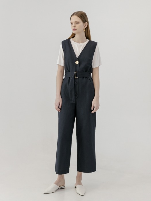 Linen contrast button jump suit [na]